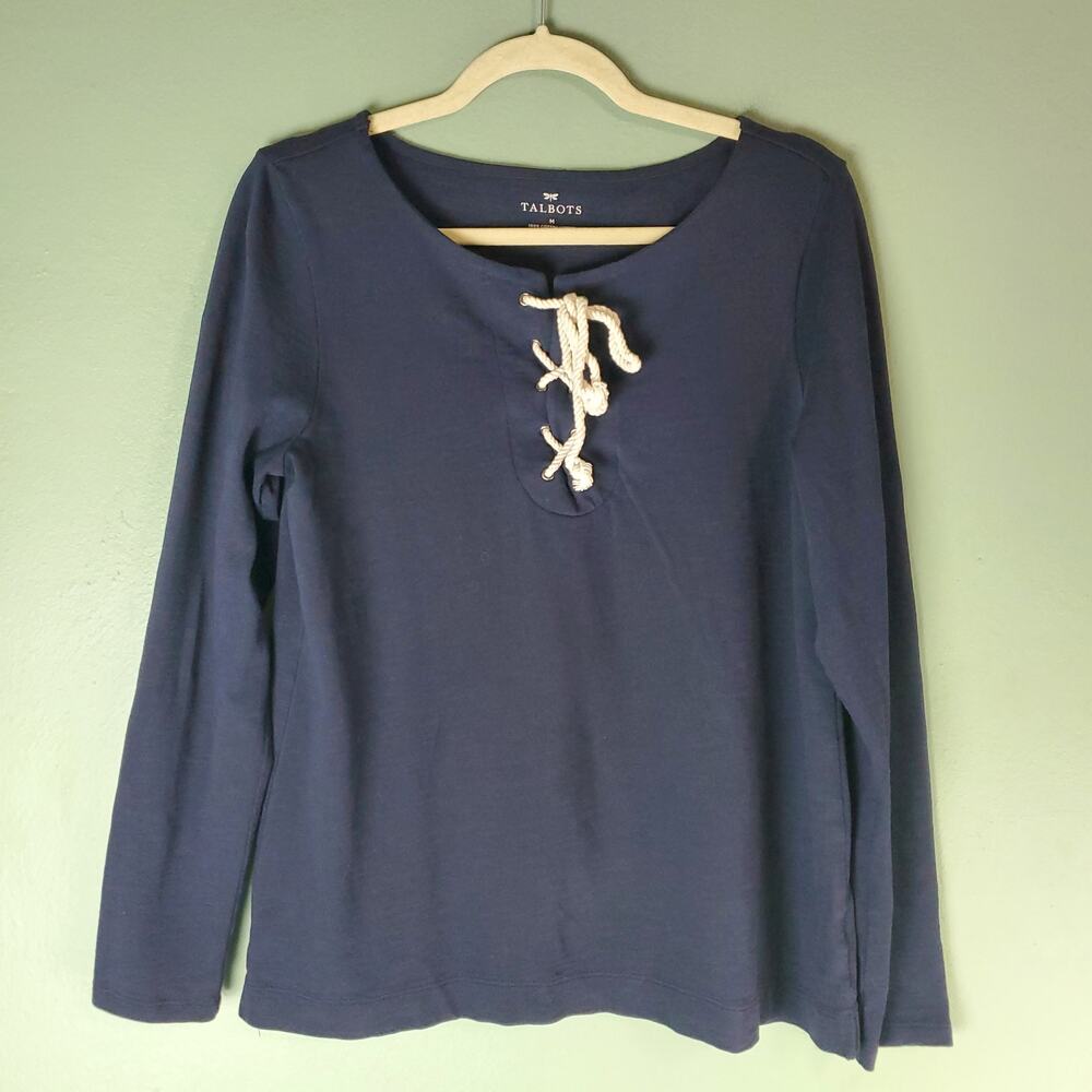 Talbots Womens Blue Rope Tie Detail Long Sleeve Nautical Top Size Medium